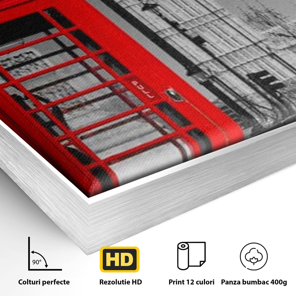 Detaliu al suprafetei: tablou canvas cu cabina rosie si big ben, in rama de aluminiu argintiu